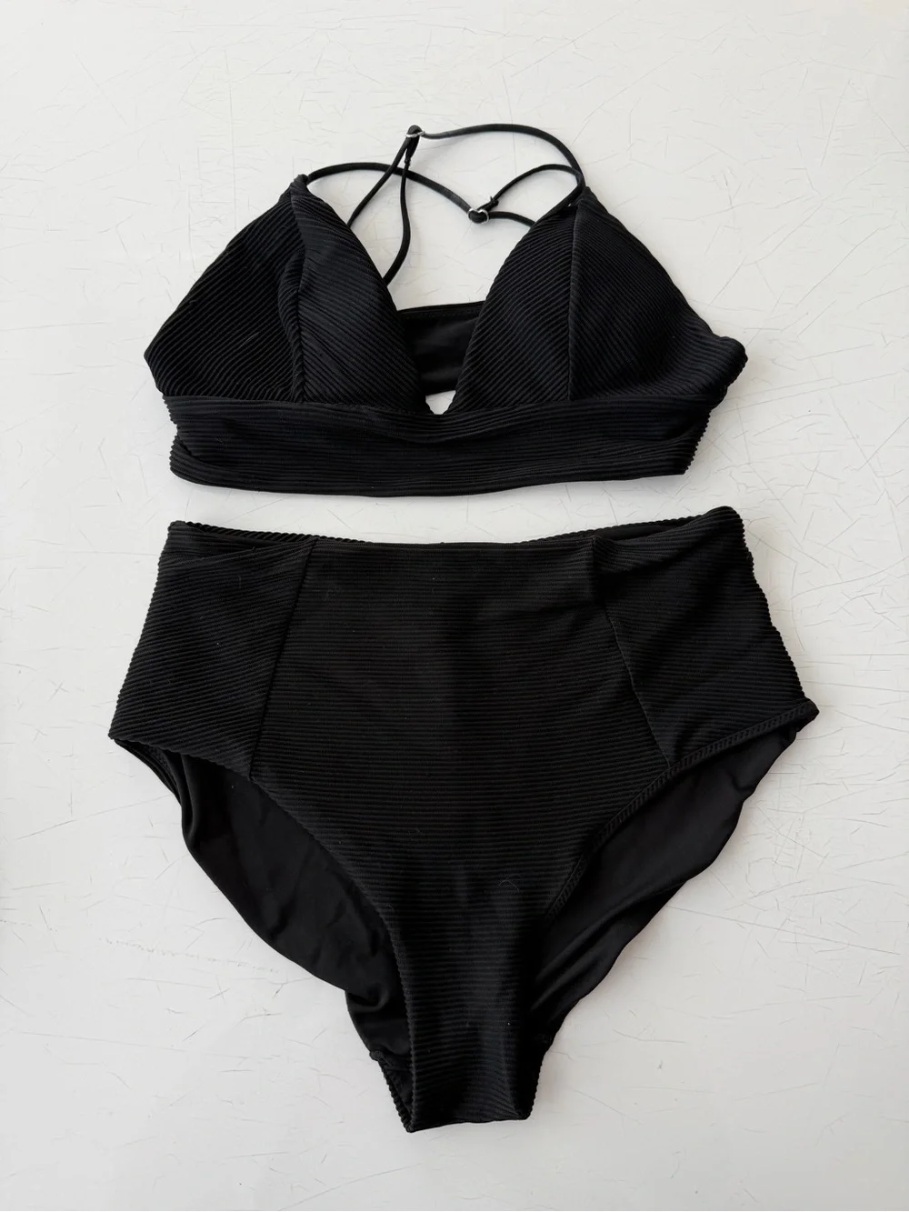 Black High-Waist Ribbed Bikini Set - Women